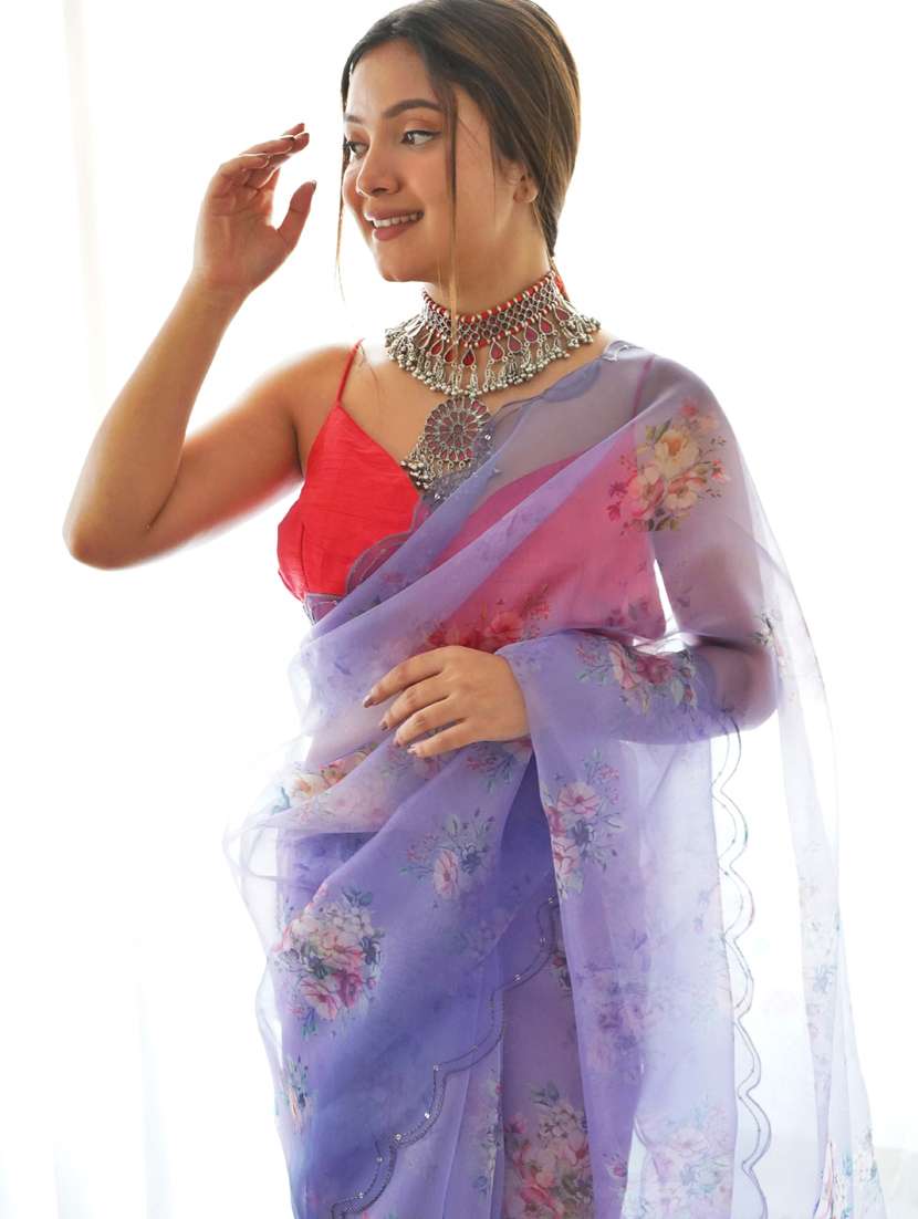 women lavender floral printed saree with blouse - 21402103 -  Standard Image - 1
