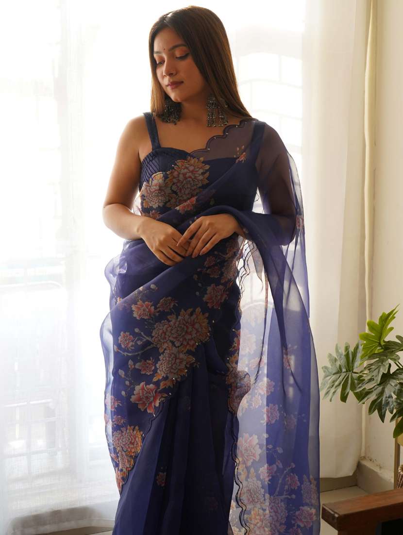 women navy blue floral printed saree with blouse - 21402104 -  Standard Image - 1