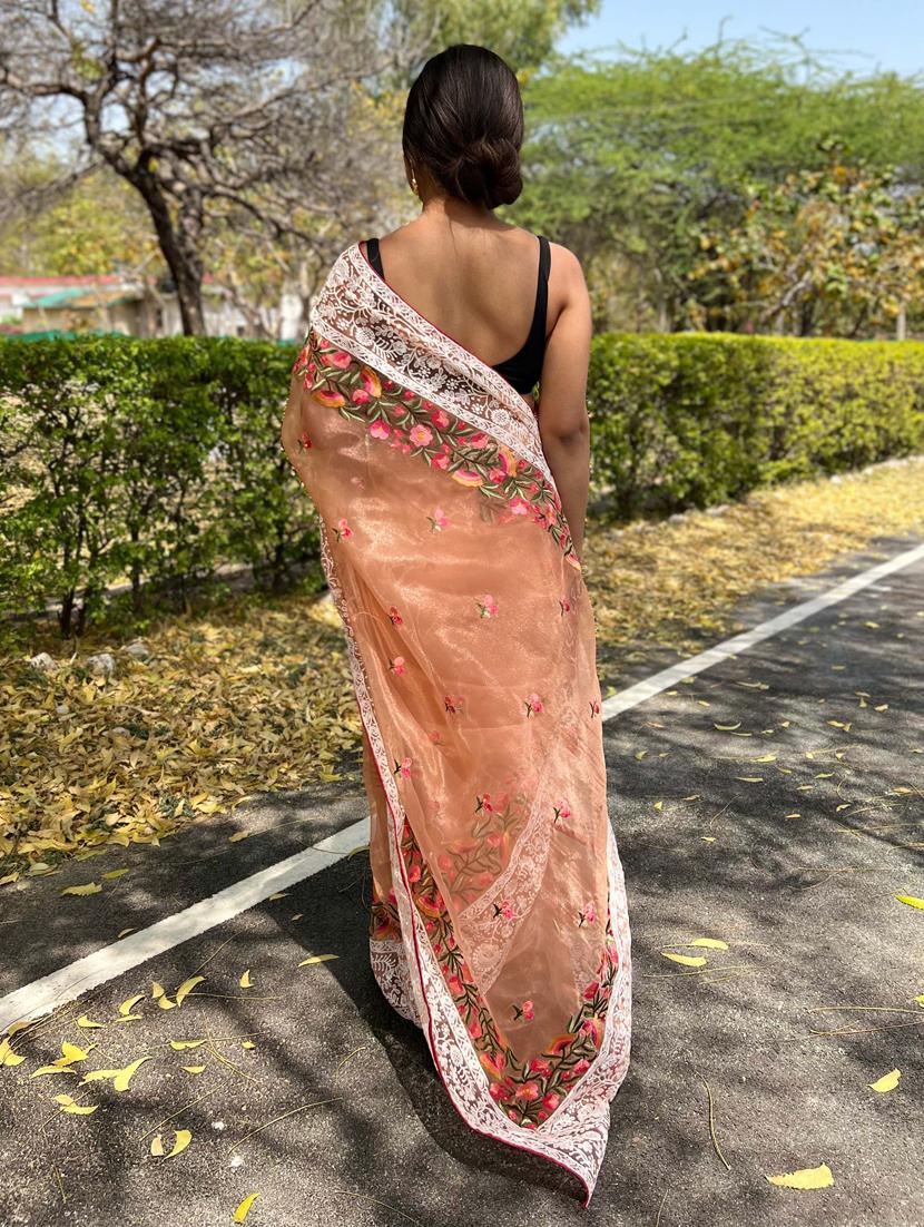 women orange embroidered saree with blouse - 21402118 - Standard Image - 1