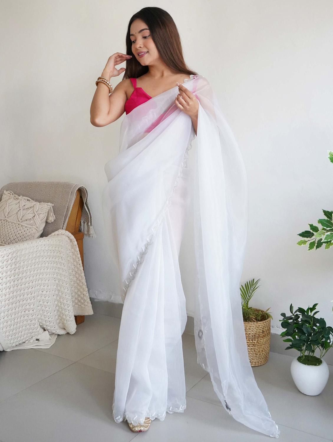 women white embellished saree with blouse - 21402127 - Standard Image - 1