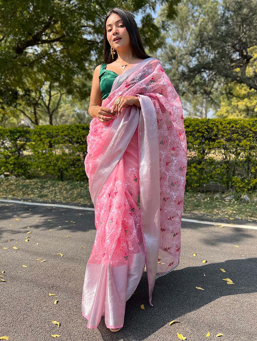 women pink embroidered saree with blouse - 21402128 -  Standard Image - 1