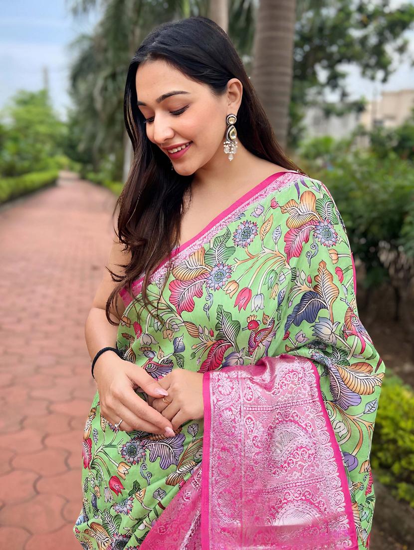 women green floral printed bordered saree with blouse - 21402132 - Standard Image - 1