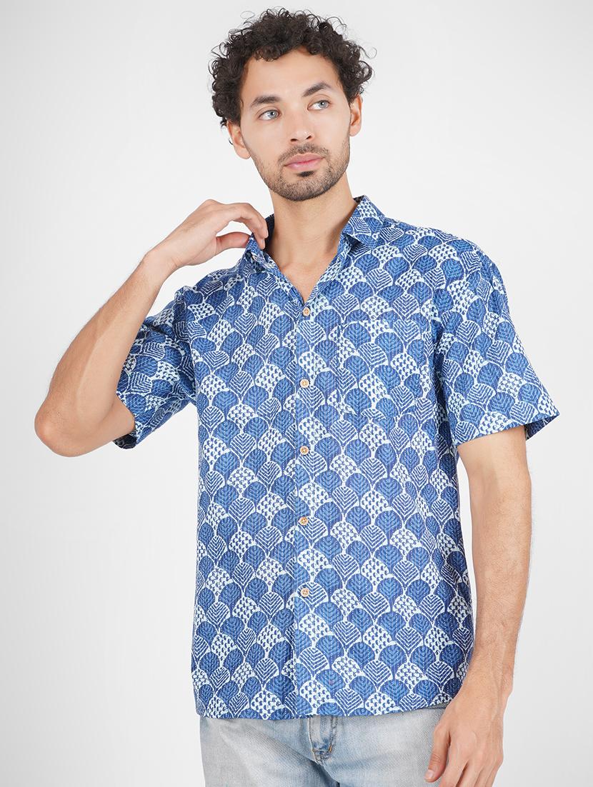 men blue printed short sleeves casual shirt - 21402305 - Zoom Image - 0