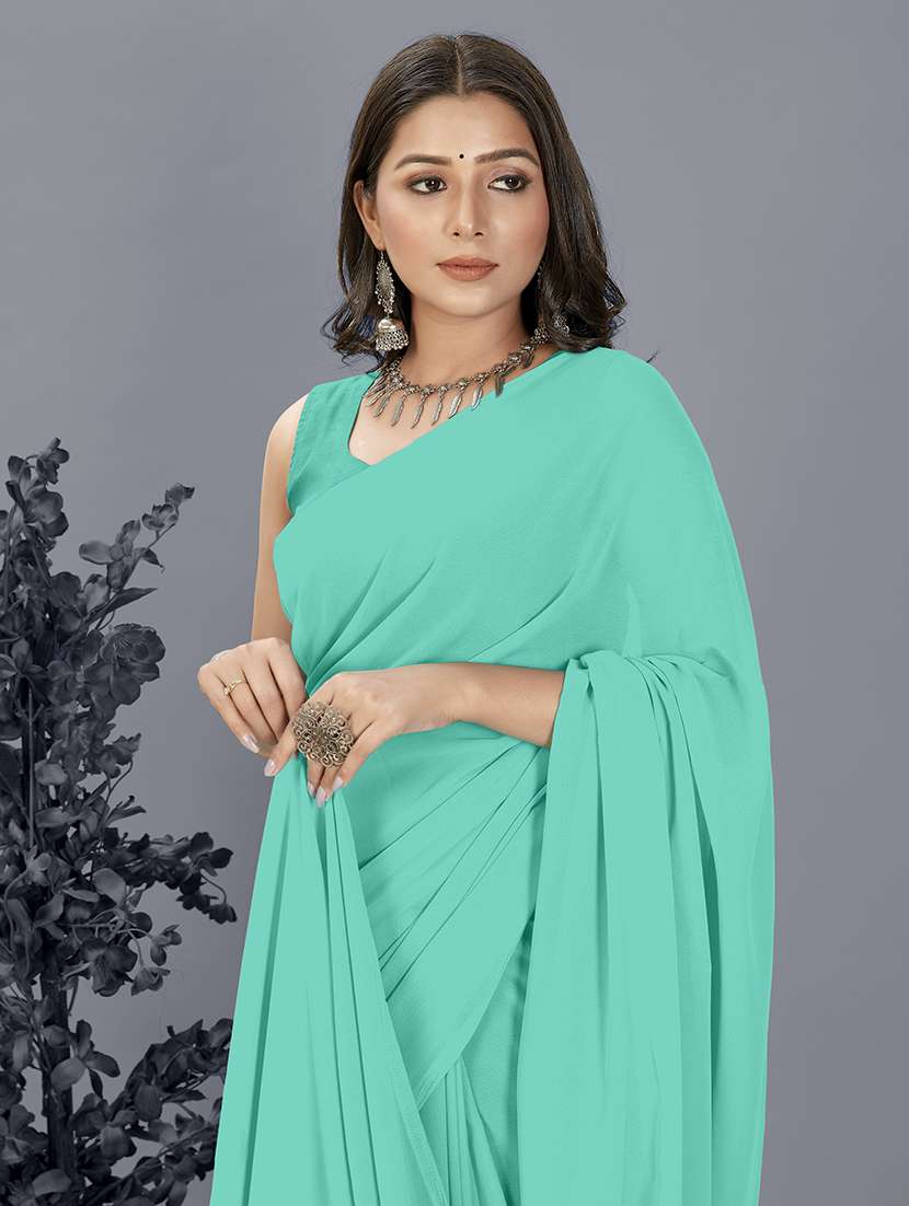 women sea green plain saree with blouse - 21407933 -  Standard Image - 1