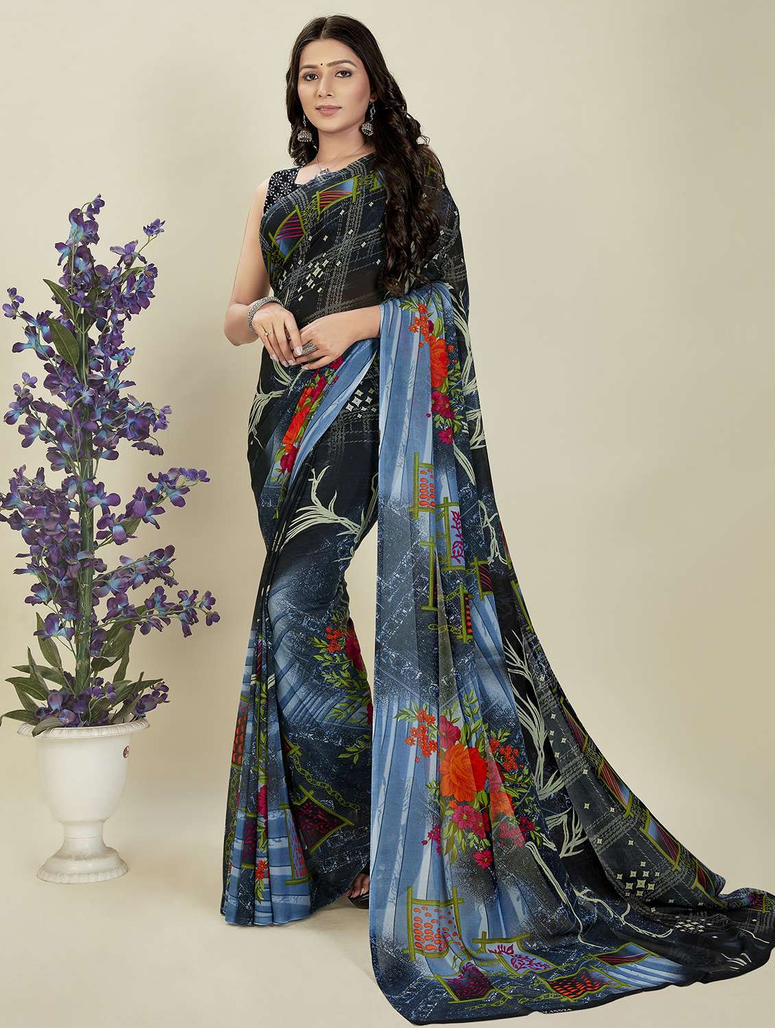 women printed saree with blouse
