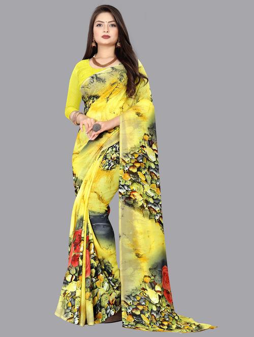 women yellow printed georgette saree with blouse - 21410628 - Standard Image - 0