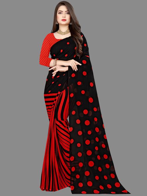 women black polka dots printed saree with blouse - 21410631 - Standard Image - 0
