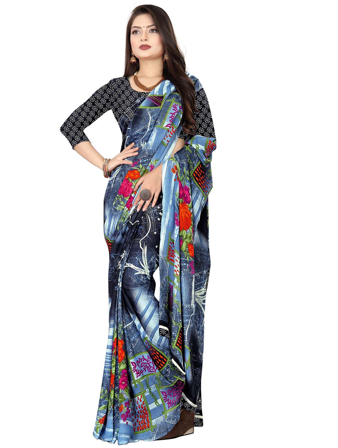 women grey floral printed saree with blouse