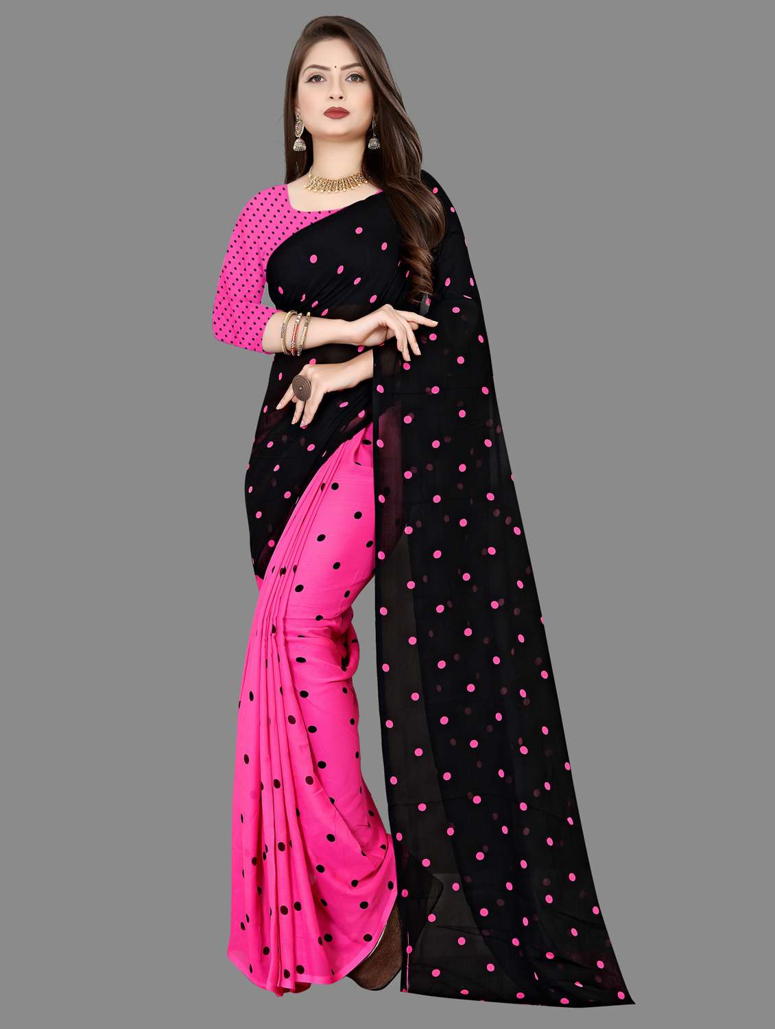 women black polka dots printed saree with blouse