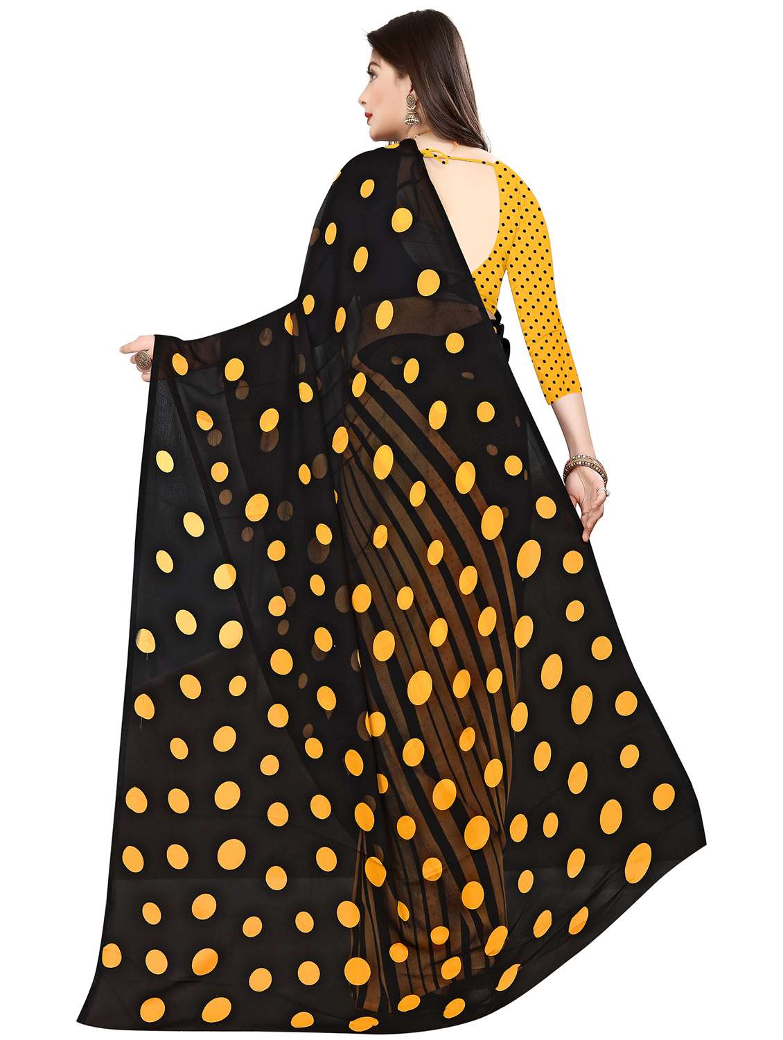 women black polka dots printed saree with blouse - 21410674 -  Standard Image - 1