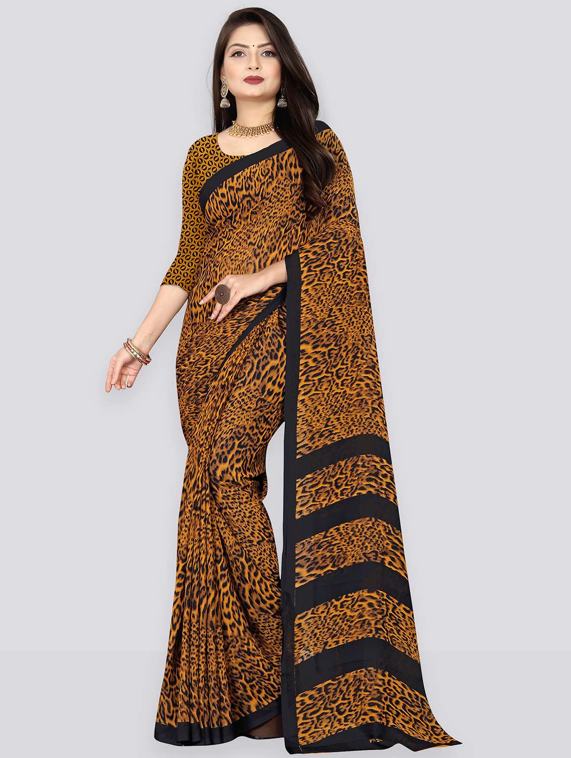 women mustard animal print saree with blouse