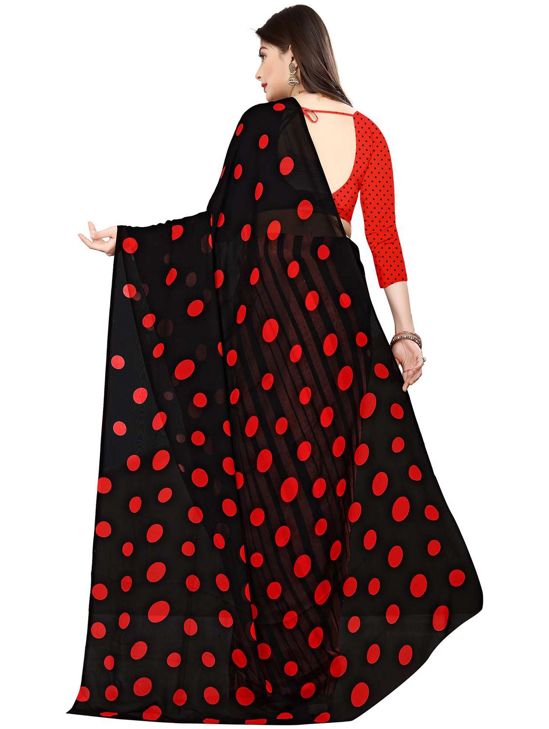 women black polka dots printed saree with blouse - 21410703 -  Standard Image - 1