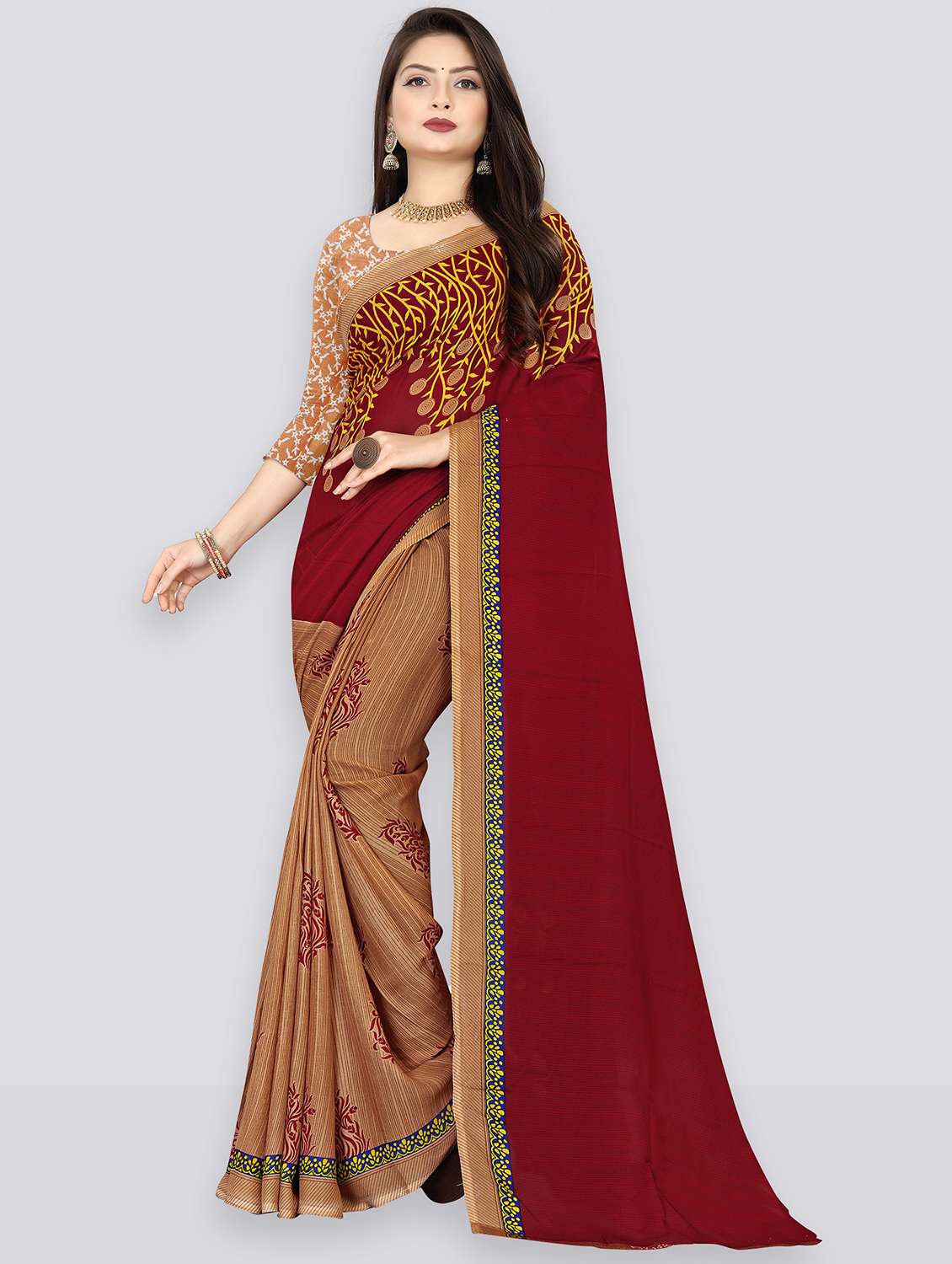 women beige printed georgette saree with blouse