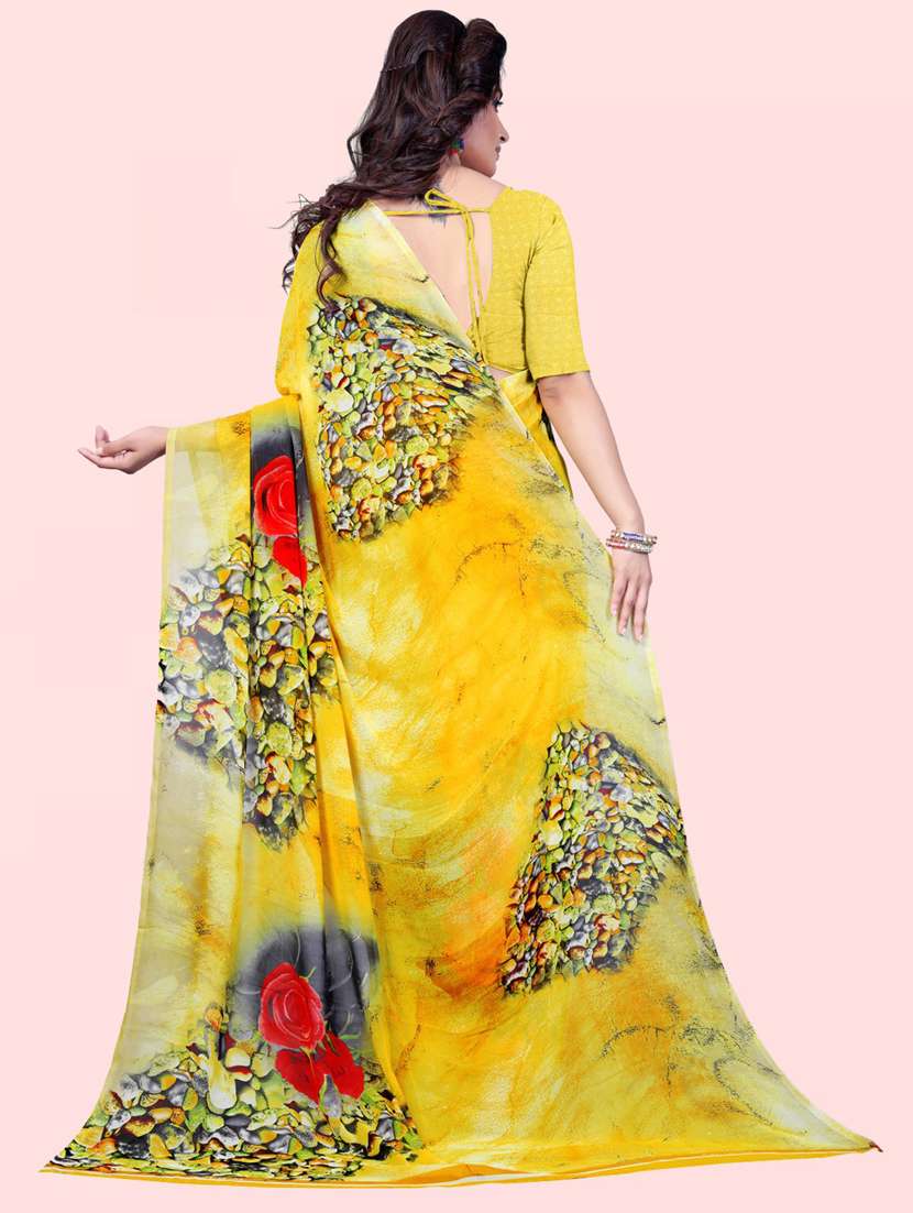 women yellow floral printed georgette saree with blouse - 21410780 -  Standard Image - 1
