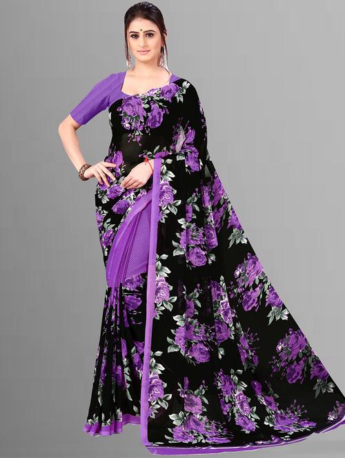 women black floral printed saree with blouse - 21410796 - Standard Image - 0