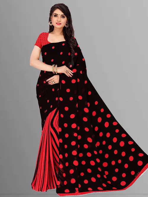 women black polka dots printed saree with blouse - 21410798 - Standard Image - 0