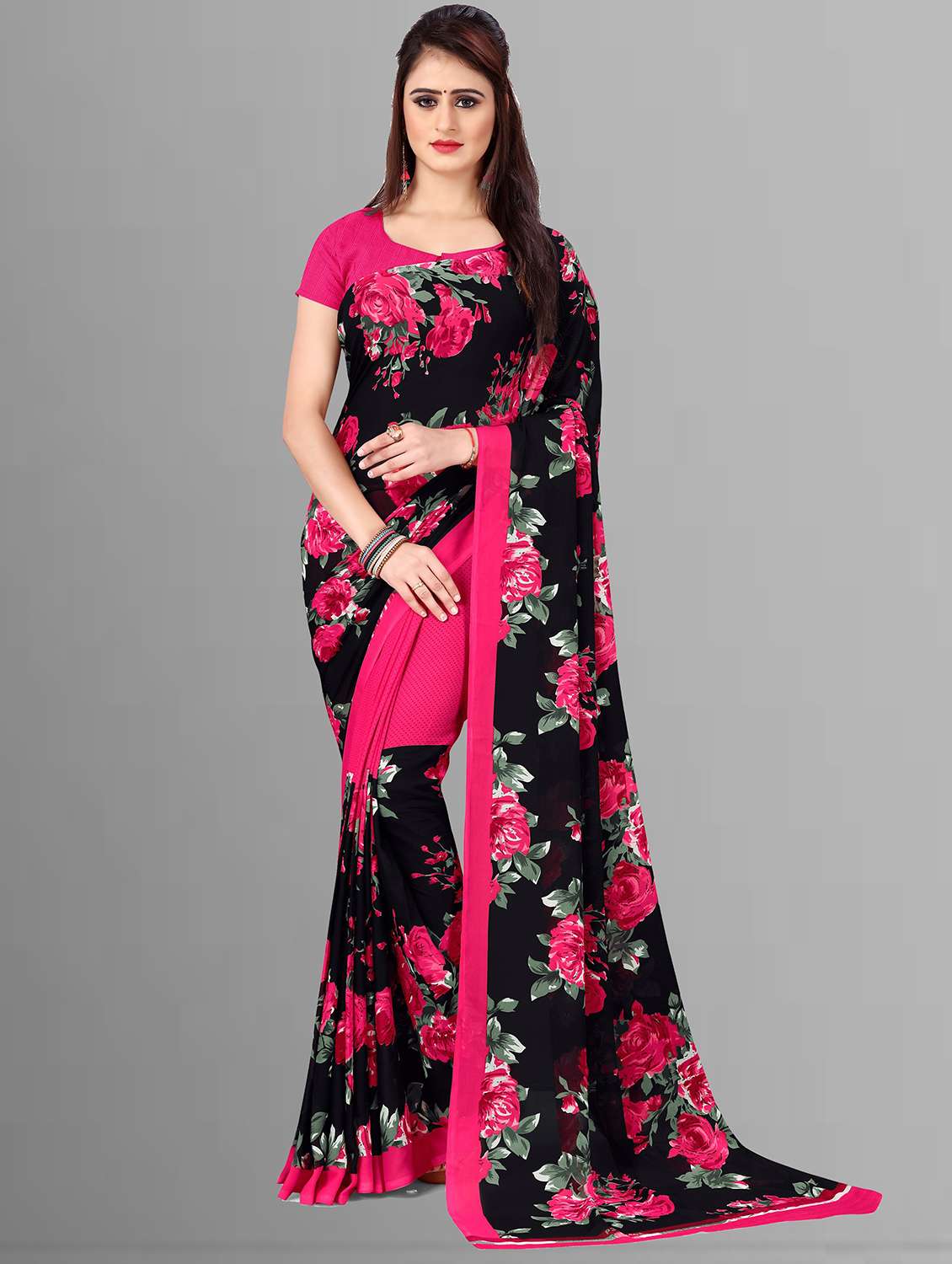 women black floral printed saree with blouse