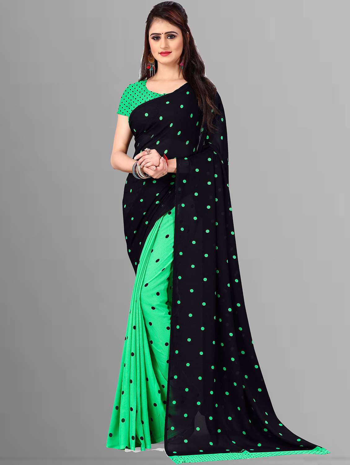 women black polka dots printed georgette saree with blouse