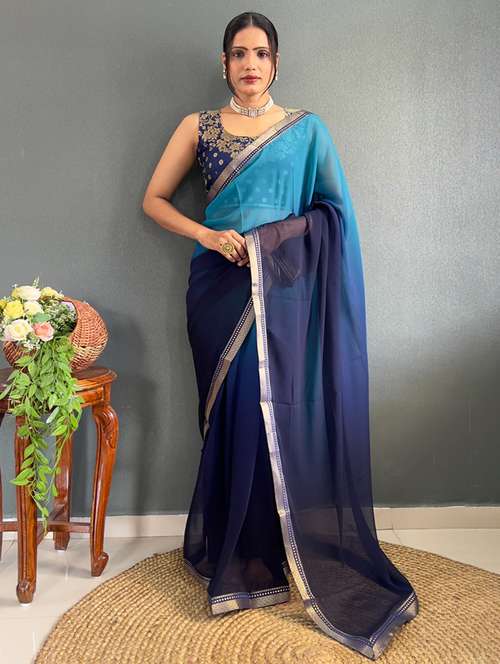 women blue ombre bordered saree with blouse