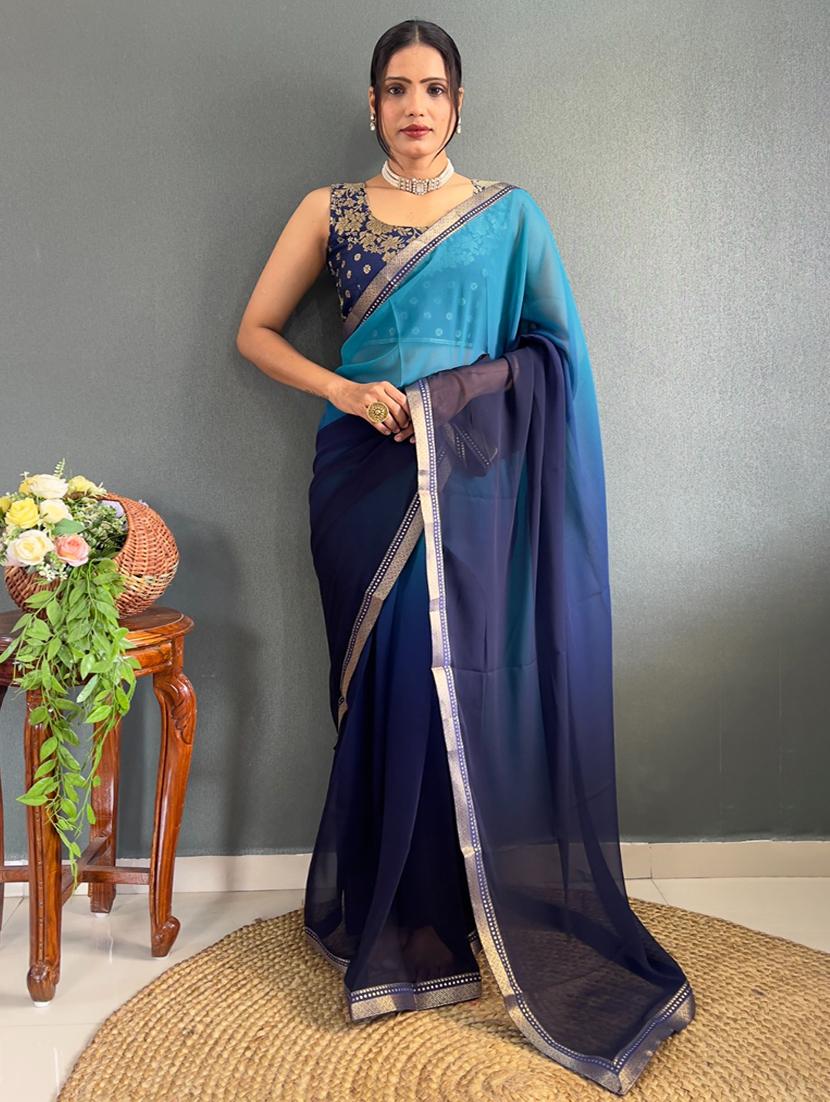 women blue ombre bordered saree with blouse - 21411963 - Zoom Image - 0