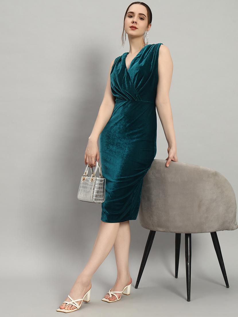 women rama green velvet bodycon dress