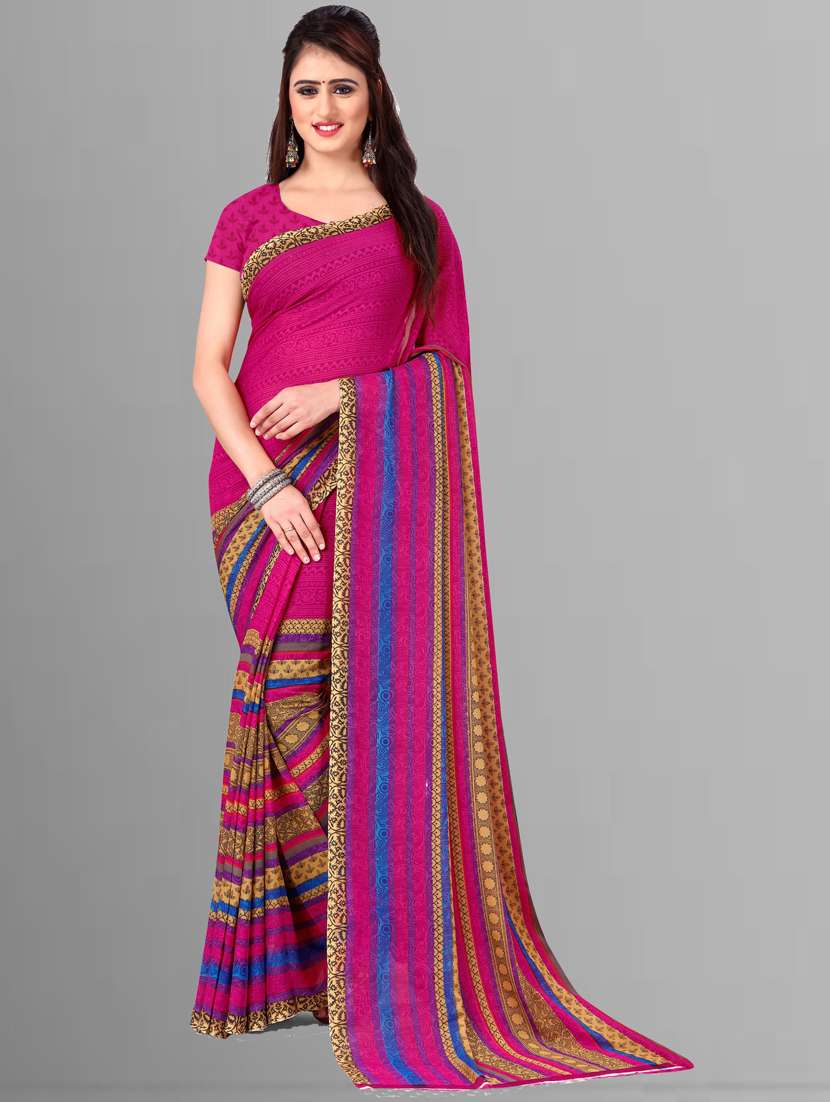 women pink stripes printed georgette saree with blouse