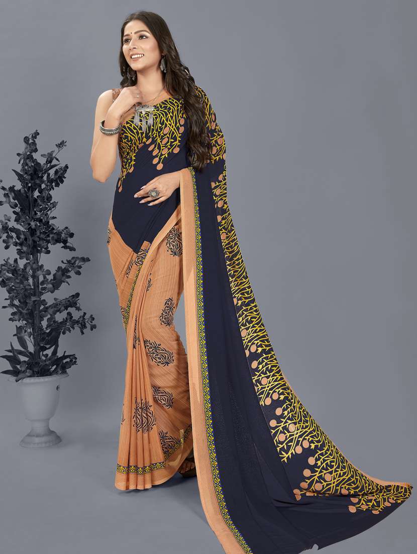 women beige printed georgette saree with blouse