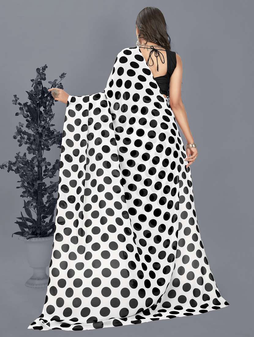 women white polka dots printed saree with blouse - 21412595 -  Standard Image - 1