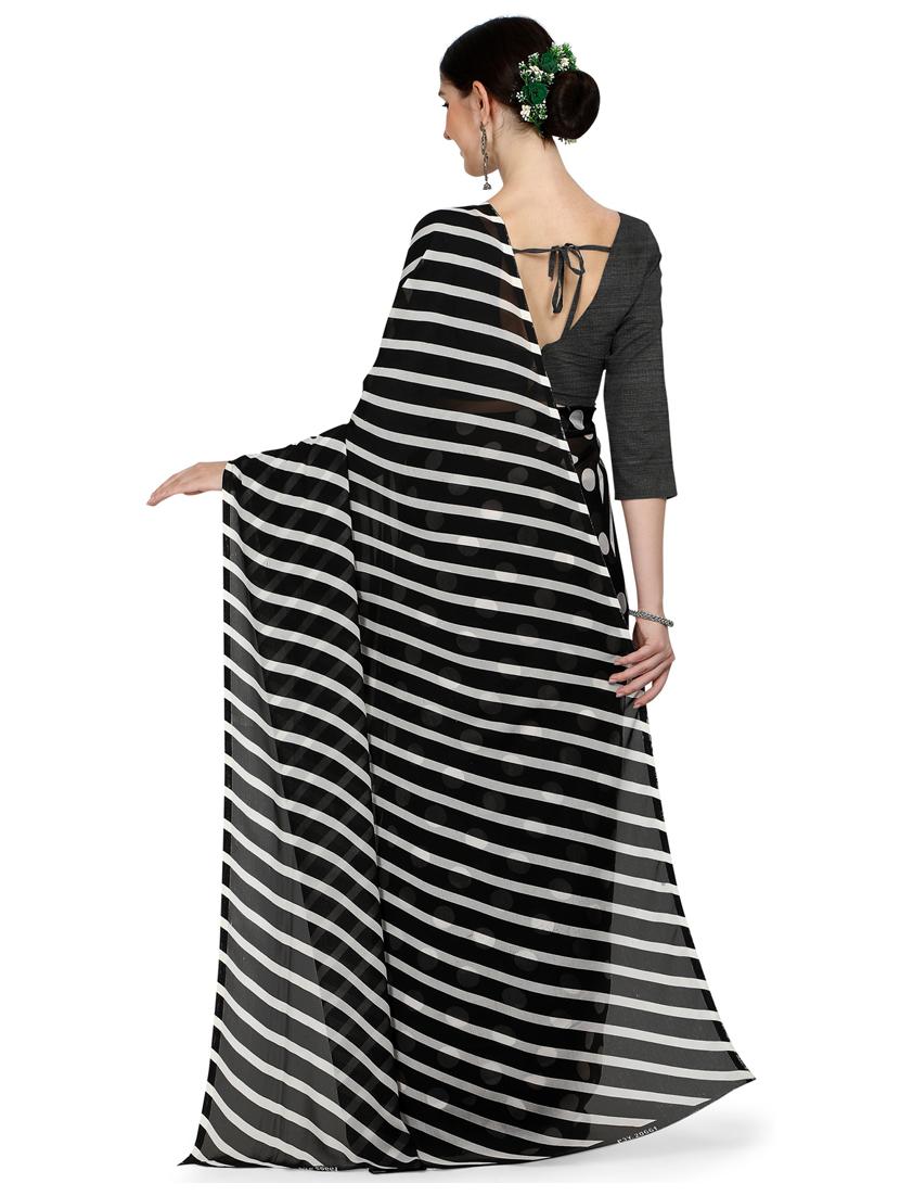 women black stripes printed saree with blouse - 21412685 - Standard Image - 1