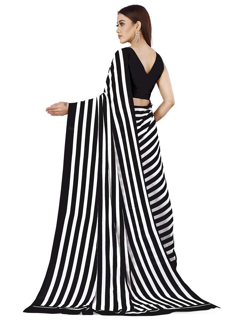 women black stripes printed saree with blouse - 21412714 -  Standard Image - 1