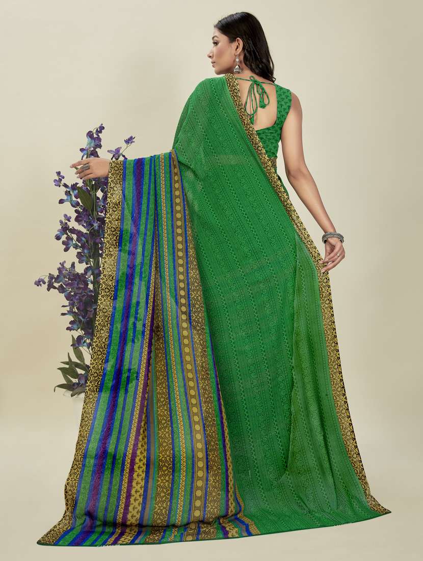 women green stripes printed saree with blouse - 21412875 -  Standard Image - 1