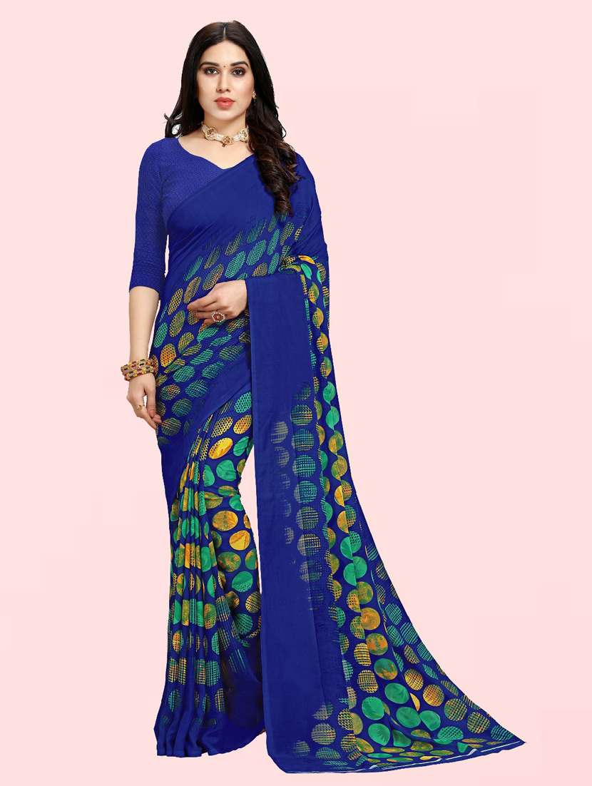 women blue geometric printed saree with blouse