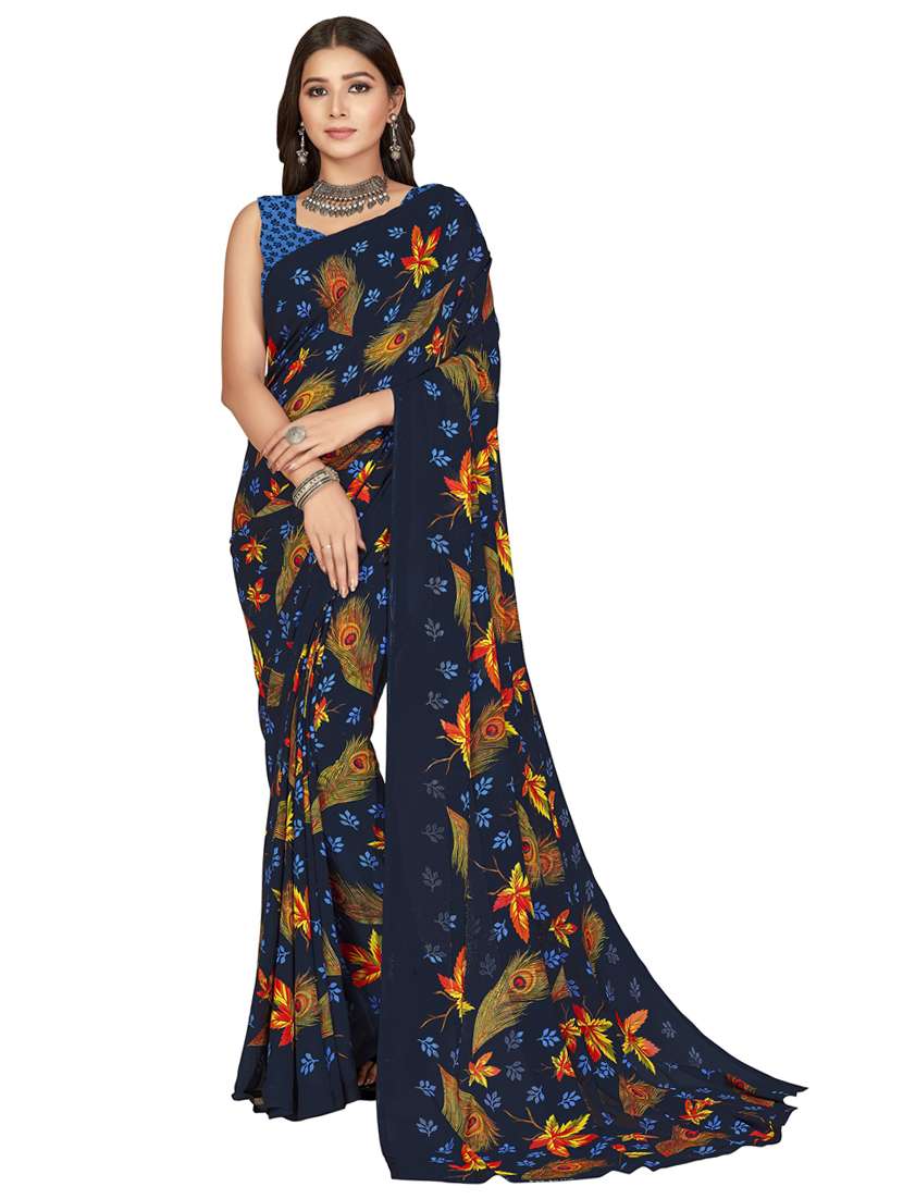 women blue printed georgette saree with blouse