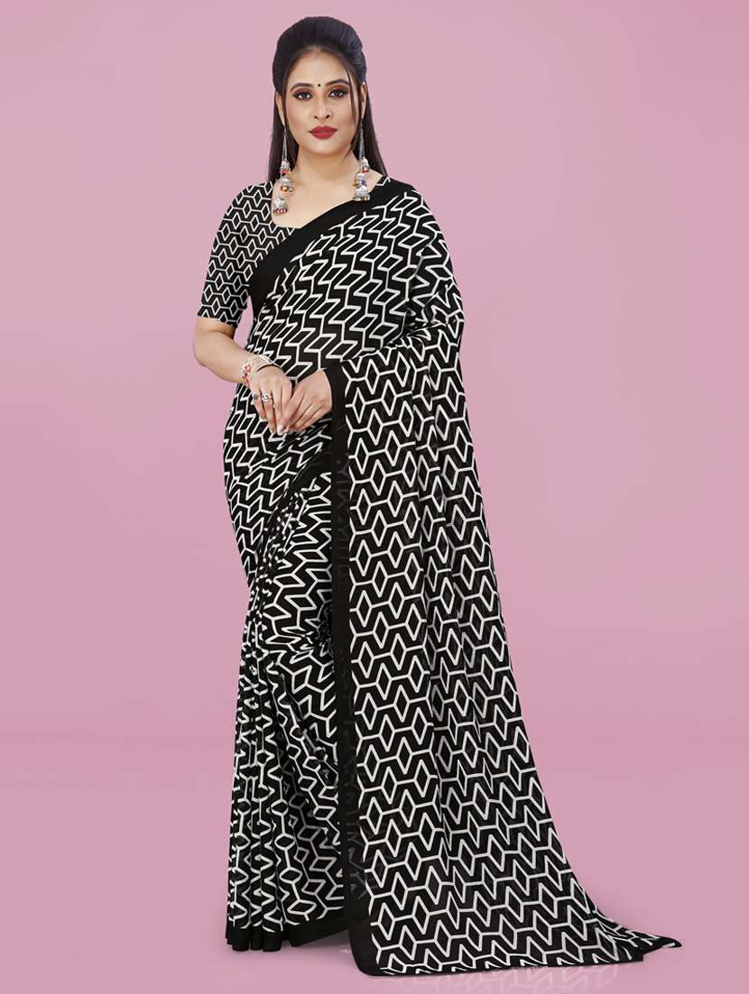 women black geometric printed saree with blouse