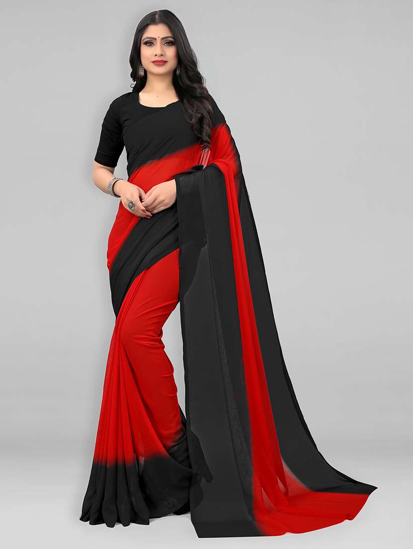 women red solid georgette saree with blouse