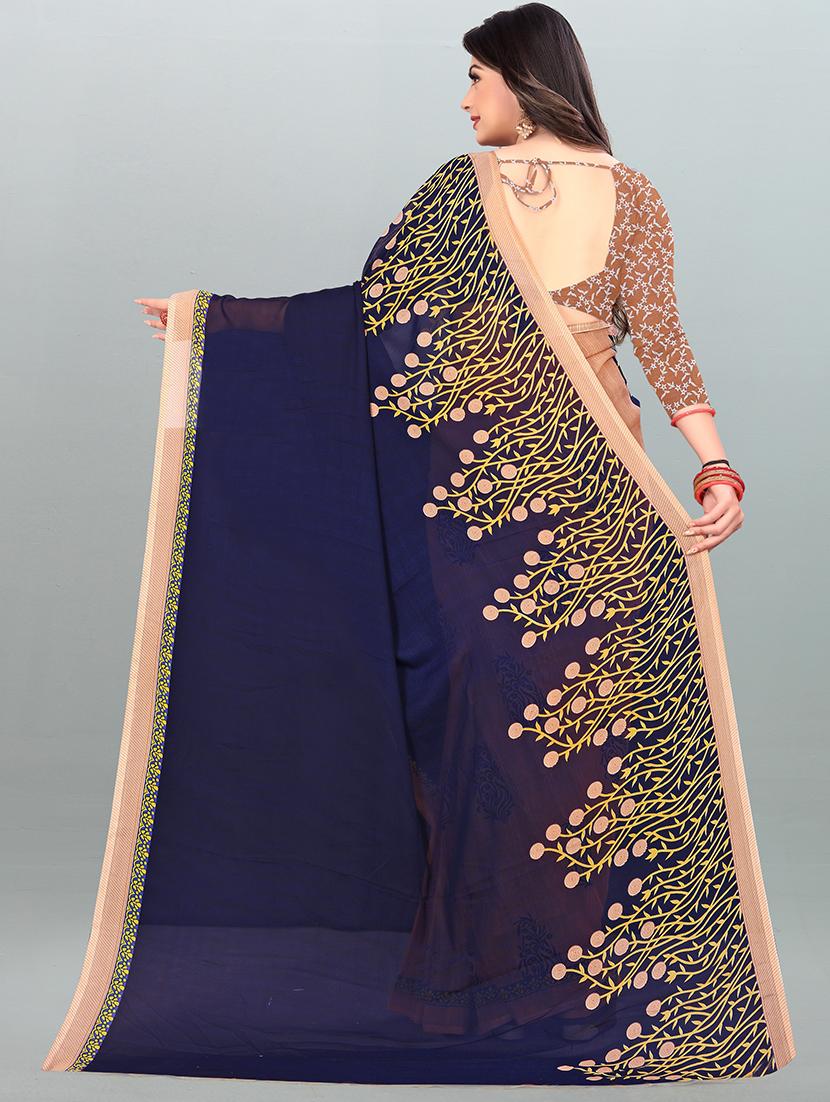 women navy blue printed saree with blouse - 21413455 - Standard Image - 1