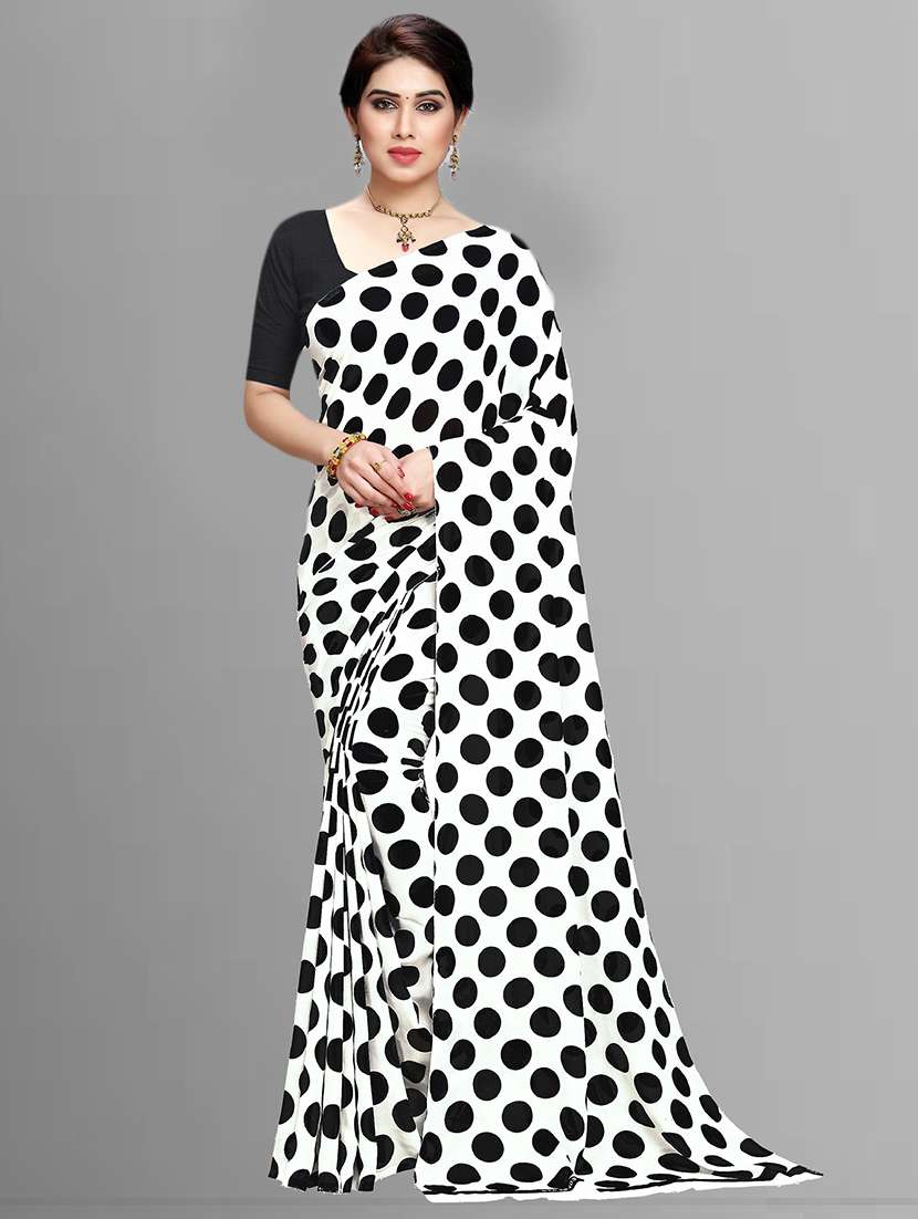 women white polka dots printed saree with blouse