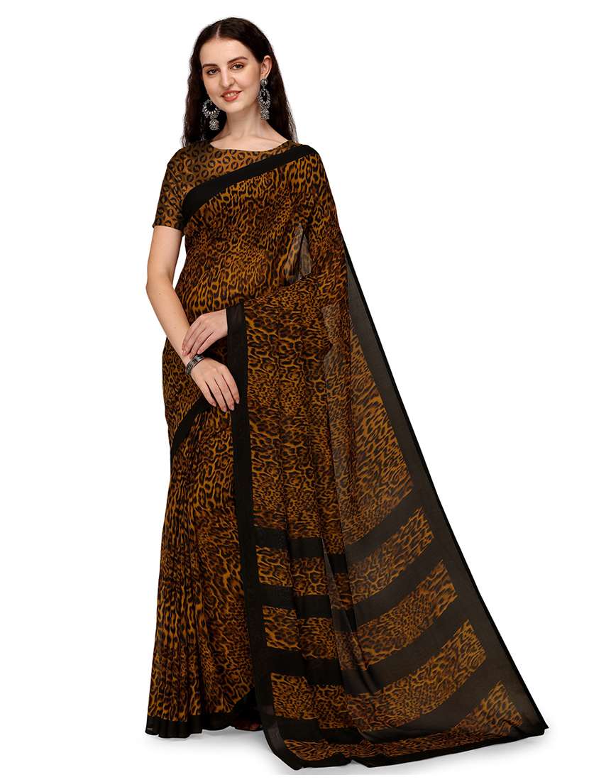 women brown animal printed saree with blouse