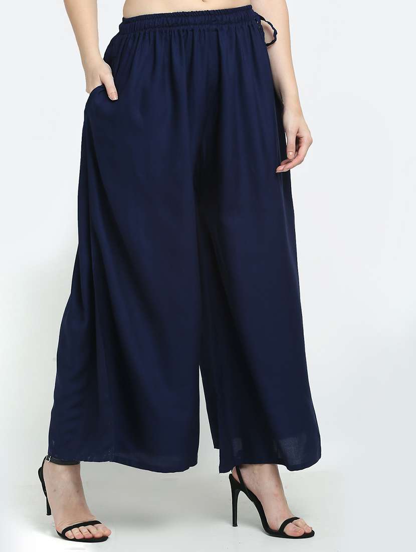 women navy blue rayon pocket palazzo - 21431159 -  Standard Image - 1