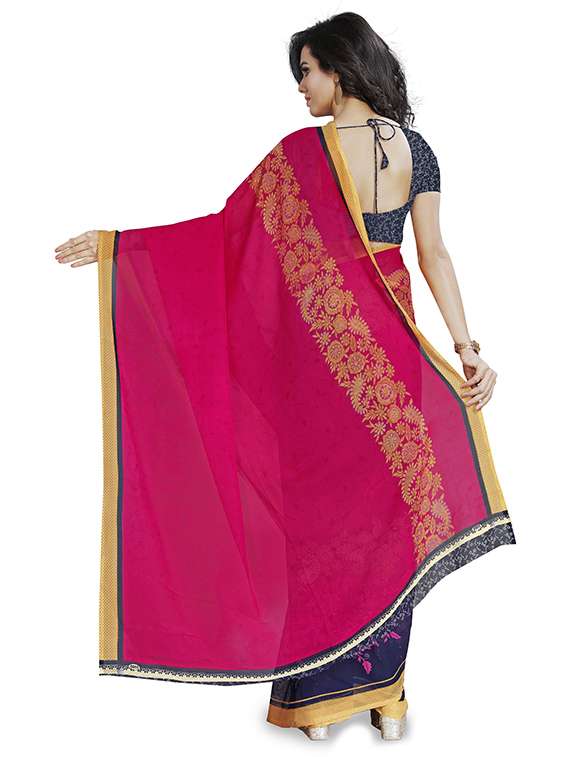 women navy blue printed georgette saree with blouse - 21431421 -  Standard Image - 1