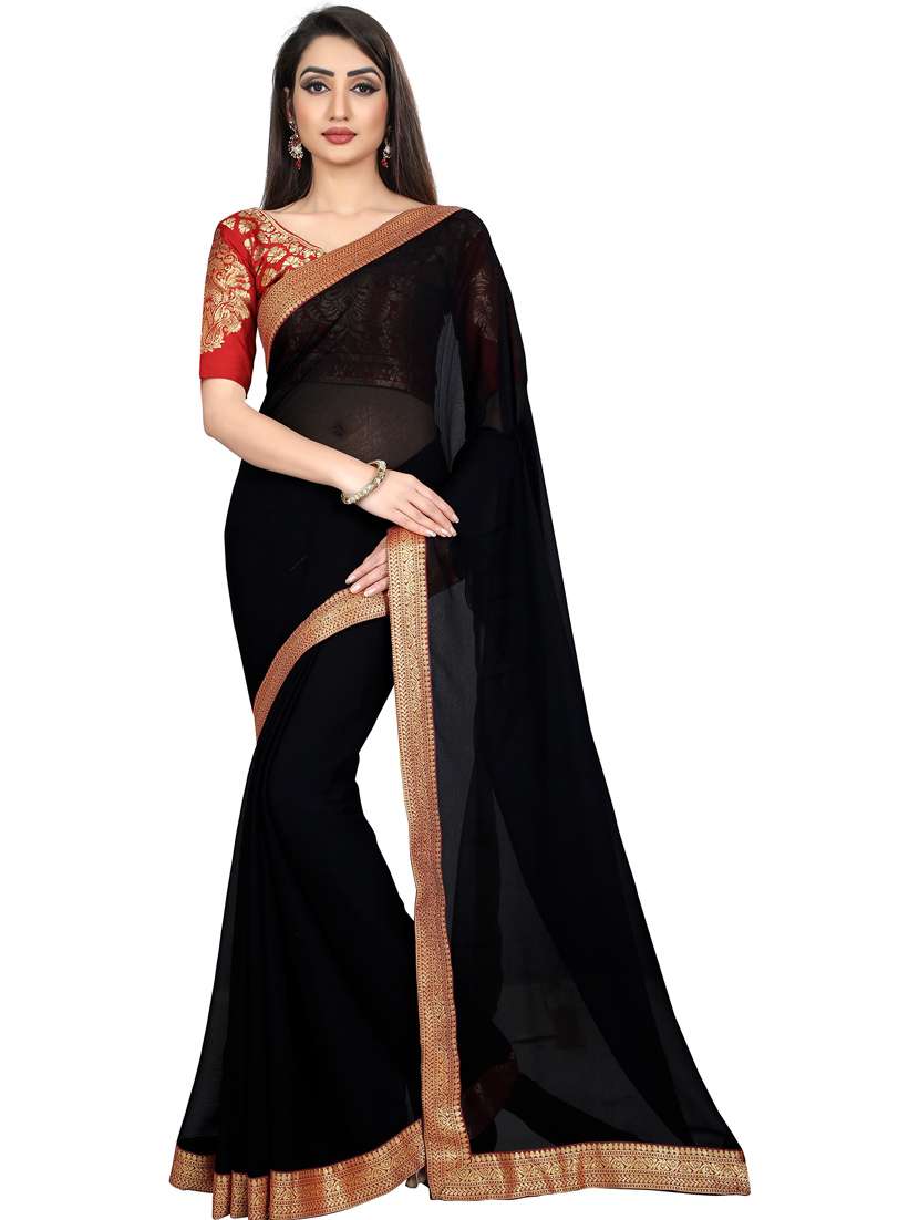 women black solid with bordered saree with blouse