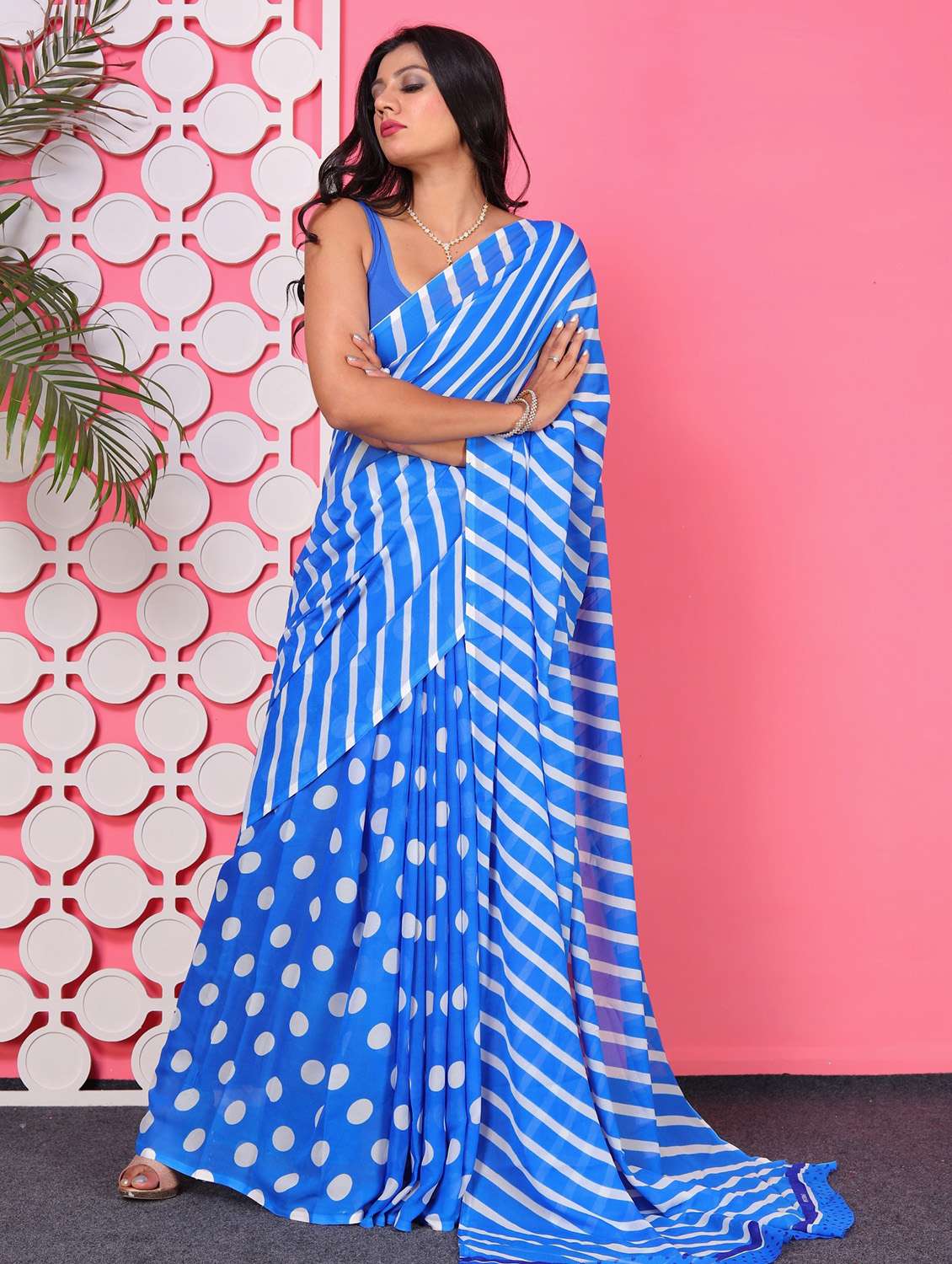 women blue printed saree with blouse