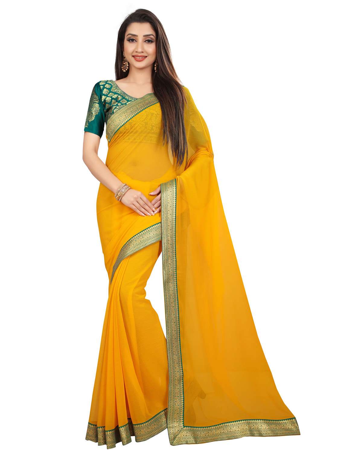 women solid with bordered saree with blouse
