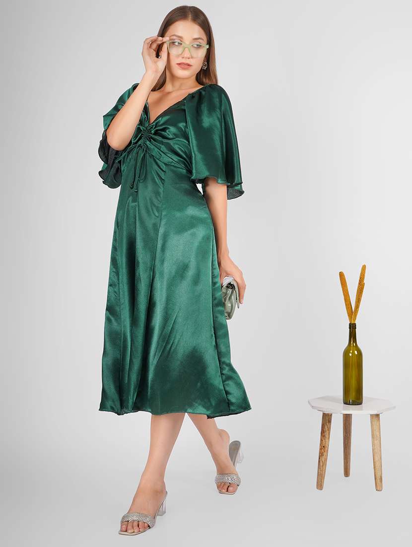 Women Bottle Green Satin A Line Dress