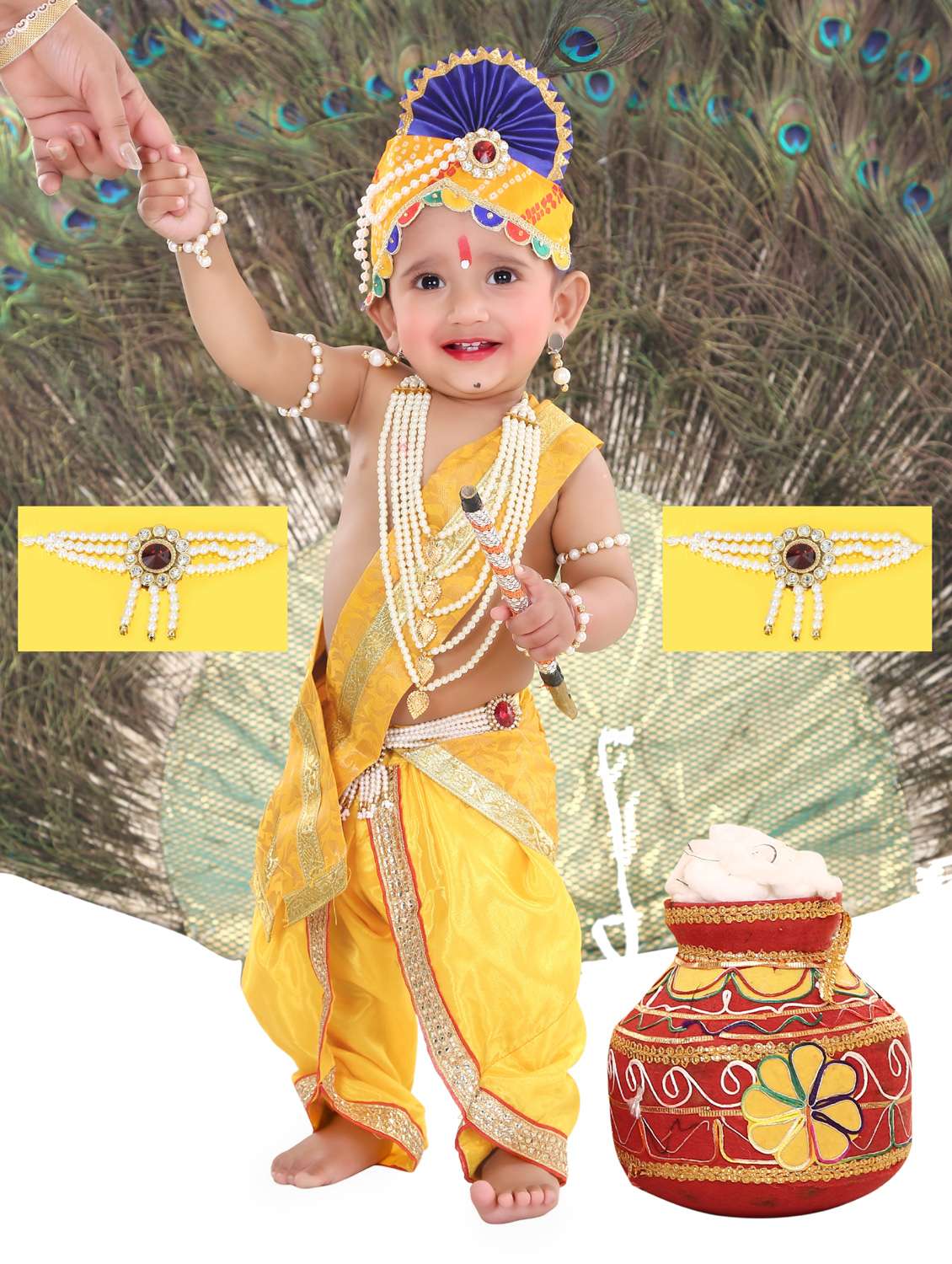 lord krishna costume complete with a peacock-feather mukut and a bansuri