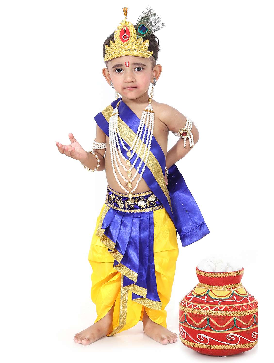 lord krishna costume complete with a peacock-feather mukut and a bansuri