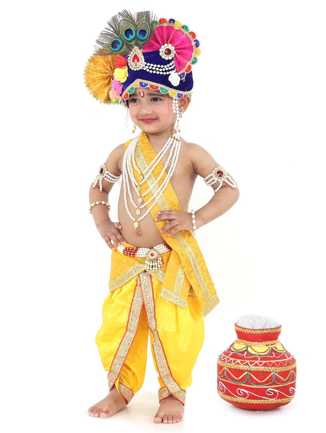 lord krishna costume complete with a peacock-feather mukut and a bansuri