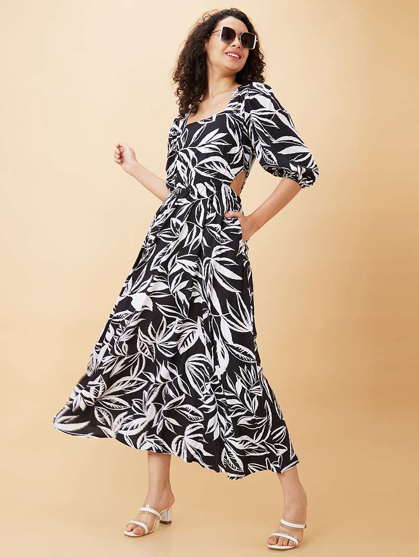 globus women black floral printed puff sleeve cut outs maxi dress