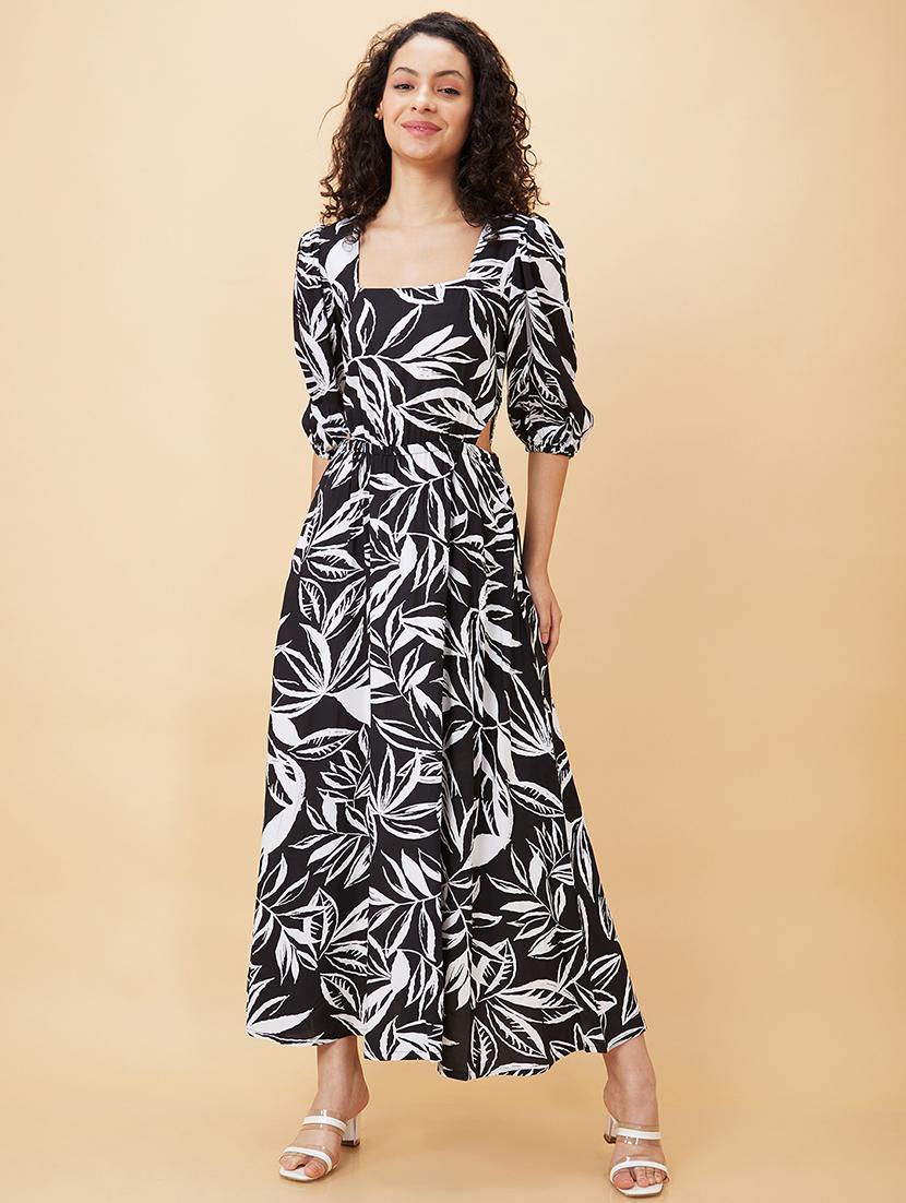 globus women black floral printed puff sleeve cut outs maxi dress - 21450389 -  Standard Image - 1