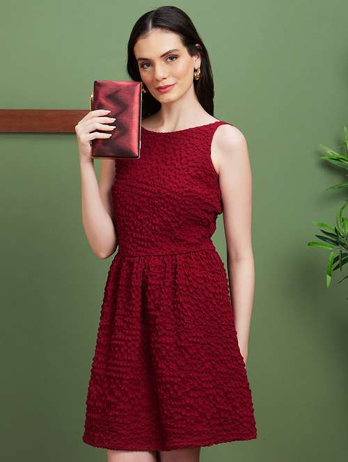 globus women red structured fabric boat neck with stylised back gathered fit & flare party dress - 21450390 - Standard Image - 0